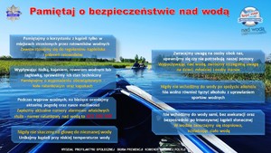 Plakat Pamiętaj o bezpieczeństwie nad wodą i rady zawarte w tekście