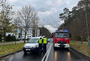 Miejsce wypadku. Policjanci przy białym peugeot, obok wóz strażacki, w tle radiowóz.